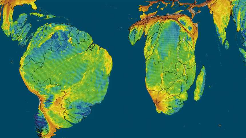 Mapa-múndi segundo as riquezas naturais dos países: Brasil, um gigante; EUA e Europa, minúsculos