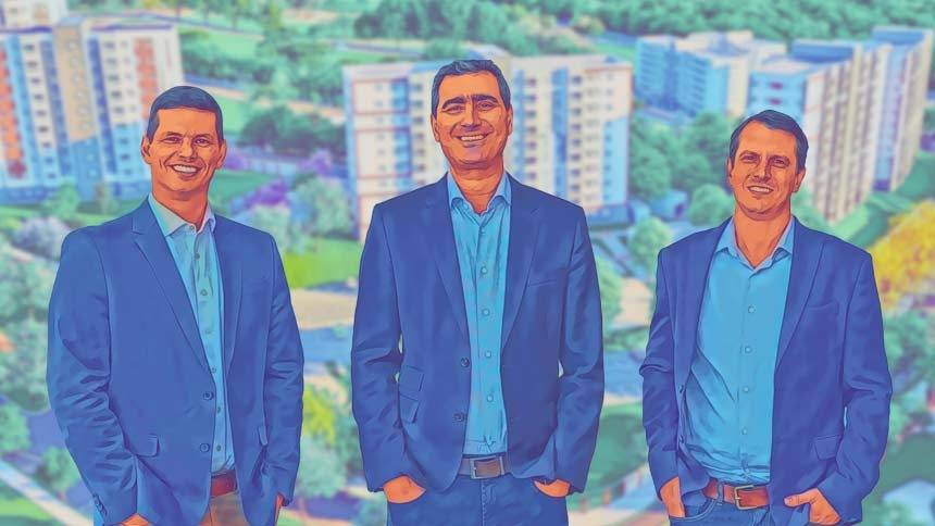 Ronaldo Motta (à esq.), diretor de desenvolvimento imobiliários, Eduardo Fischer, CEO, e Thiago Ely, diretor comercial da MRV