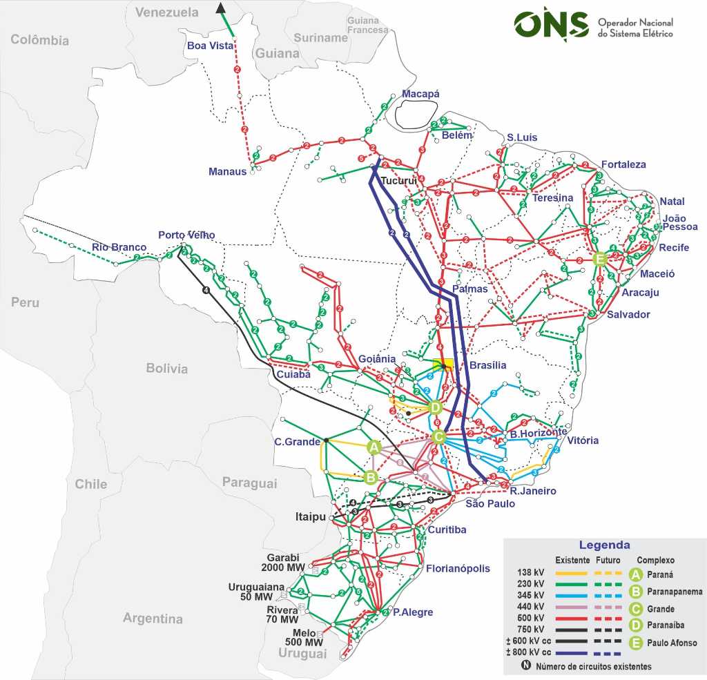 Mapa das linhas de transmissão no Brasil