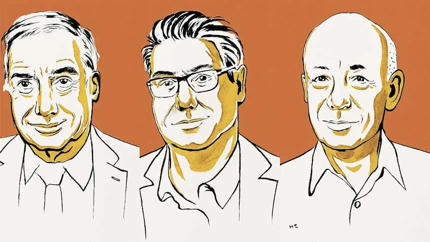 Joel Mokyr, Philippe Aghion e Peter Howitt (Imagem: Niklas Elmehed/Nobel Prize Outreach)